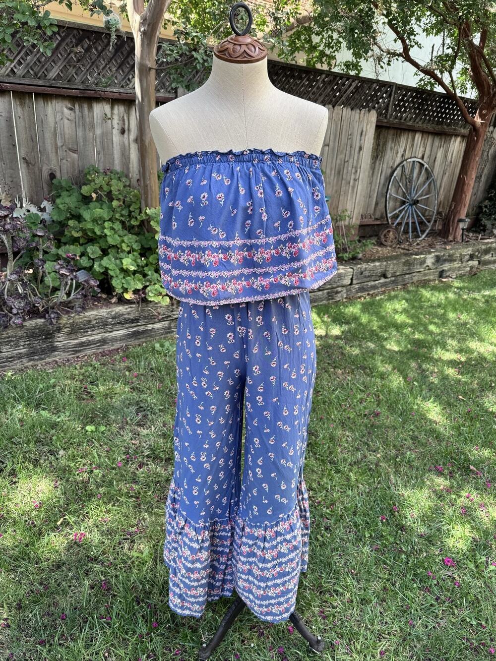 Japna Smocked Strapless Jumpsuit S Blue Pink White Wide Leg Ruffled Rayon